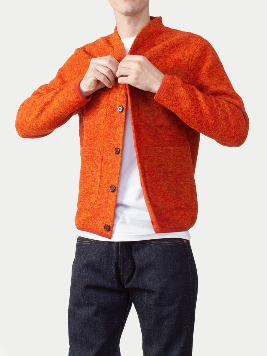 Universal Works Wool Fleece Cardigan (Orange) | Knitwear